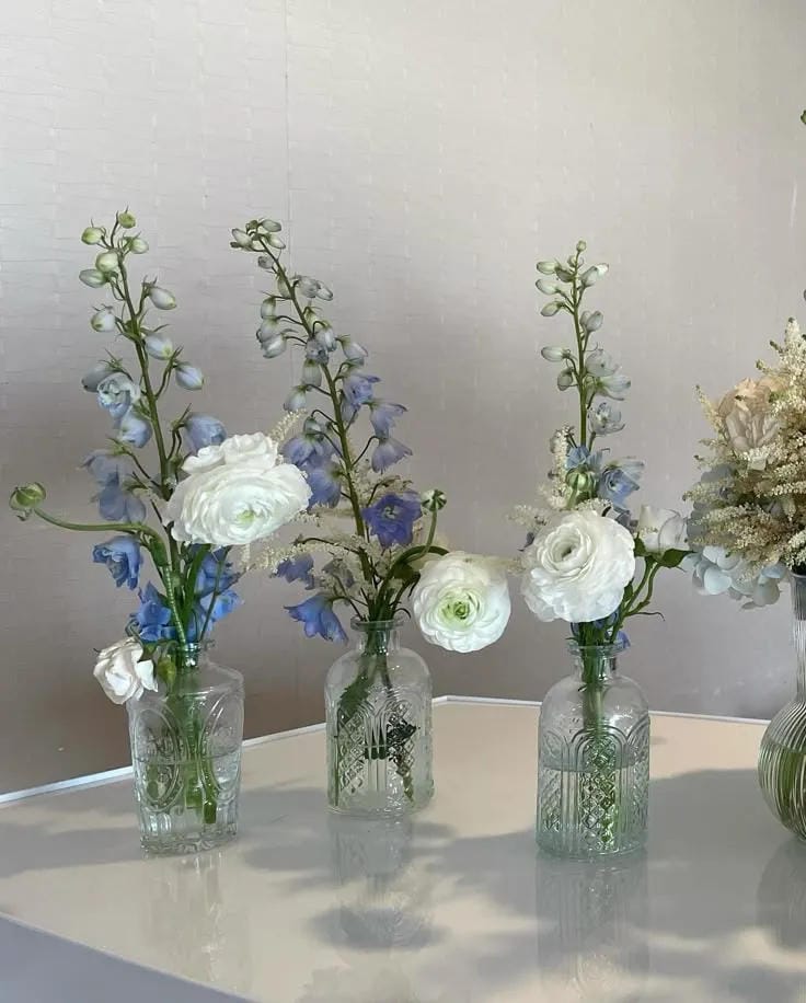 boy baby shower bud vases with blue and white flowers