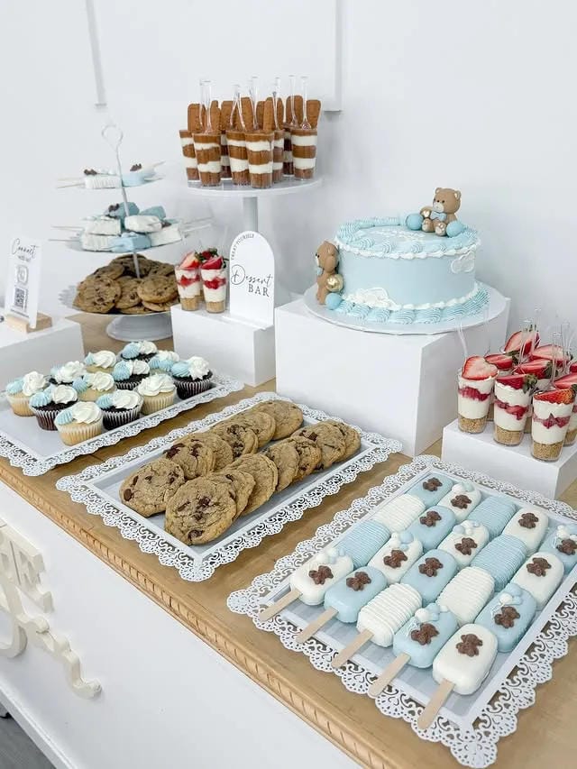 boy baby shower blue and white dessert table