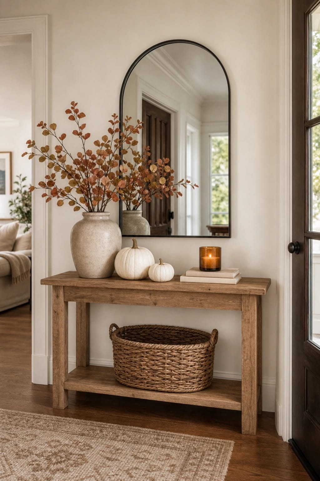fall entryway table decor ideas with light wood console, white pumpkins, tall fall branches, arched mirror, candle, and large basket