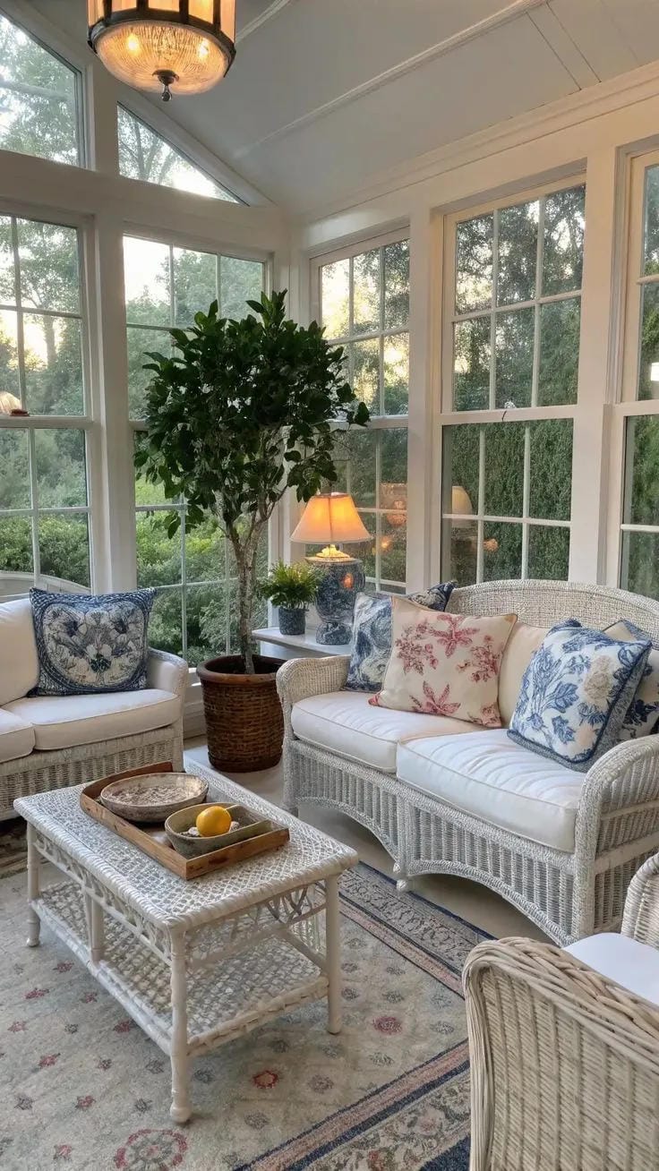 screened in porch decorating ideas with white wicker furniture floral pillows and coffee table