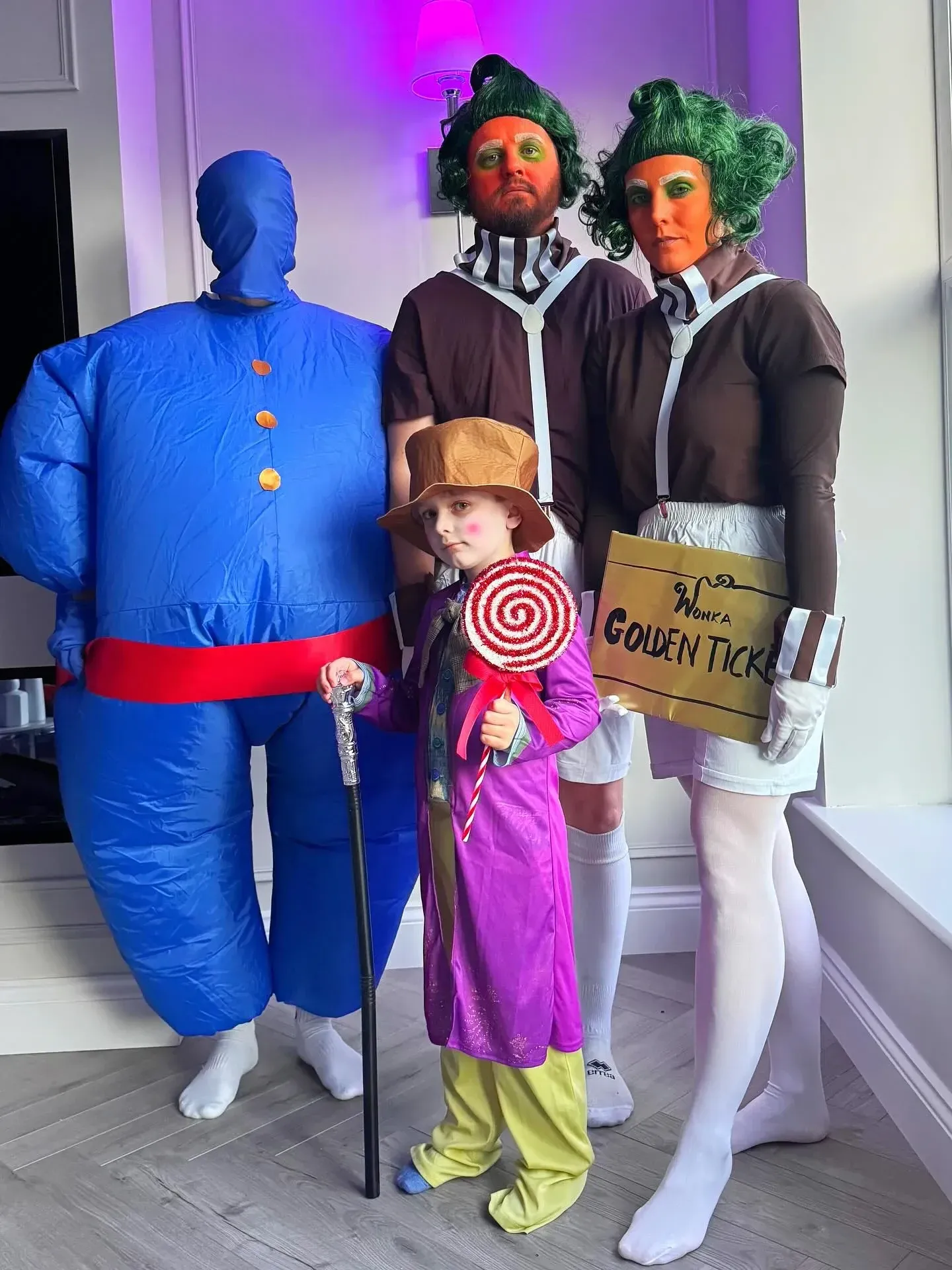 funny halloween costumes for families with Willy Wonka and Oompa Loompa costumes