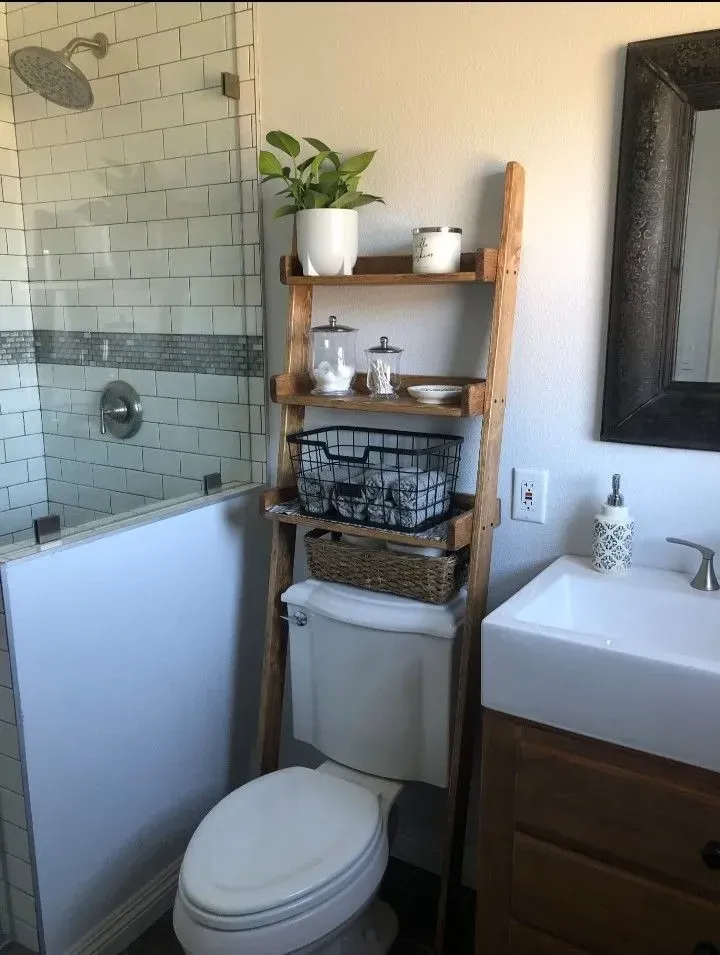 over-the-toilet storage ladder renter friendly bathroom ideas