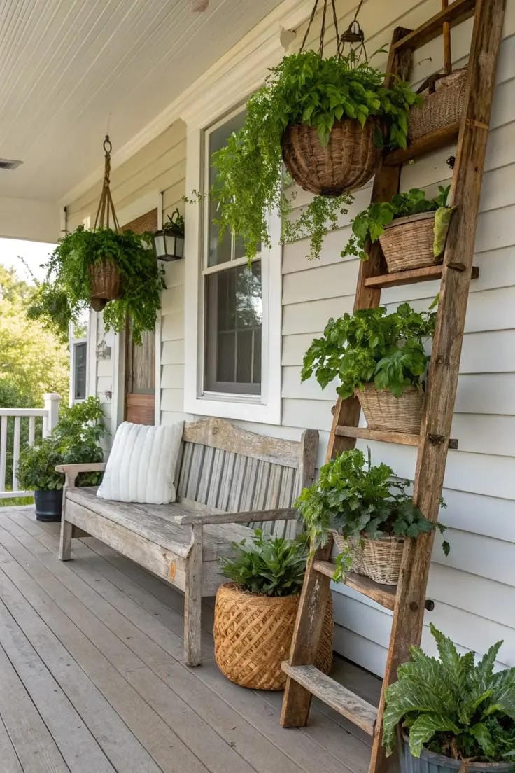 front porch planters with hanging baskets wood ladder bench and greenery