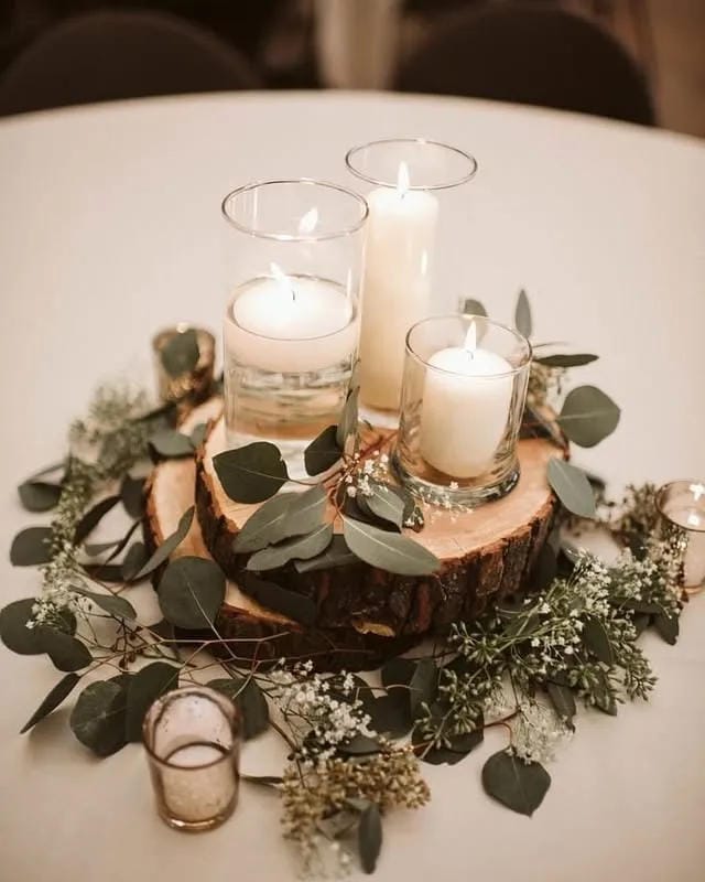 wedding table decor idea with candles greenery and flowers