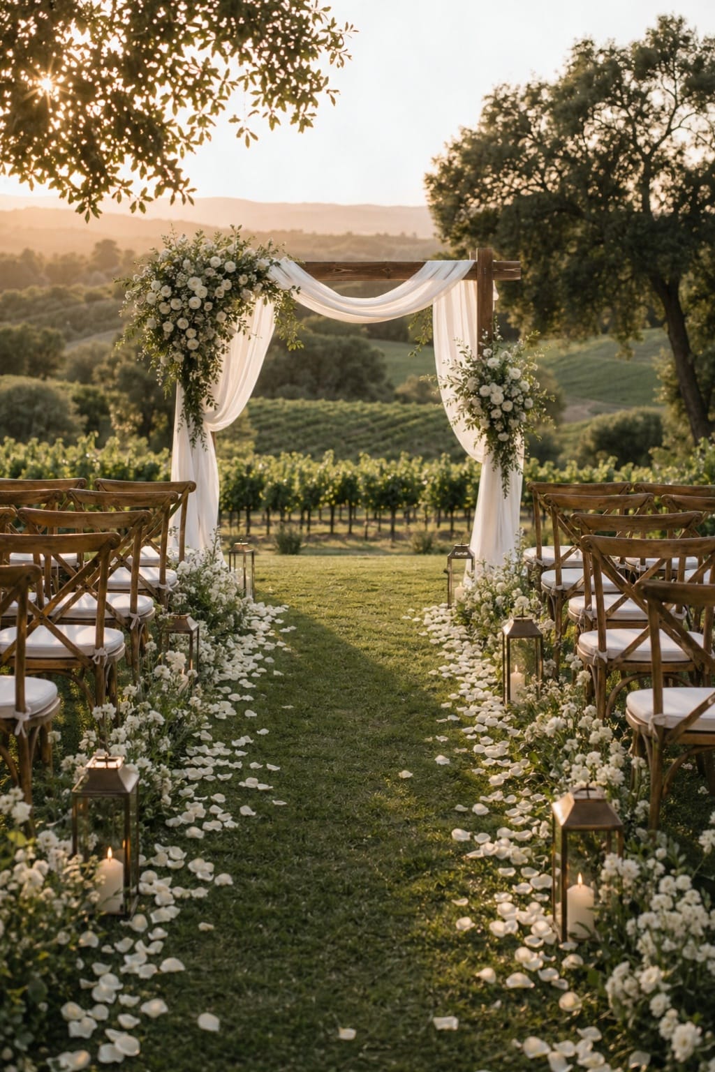 modern farmhouse wedding aisle with wooden ceremony arch draped fabric and flower petals