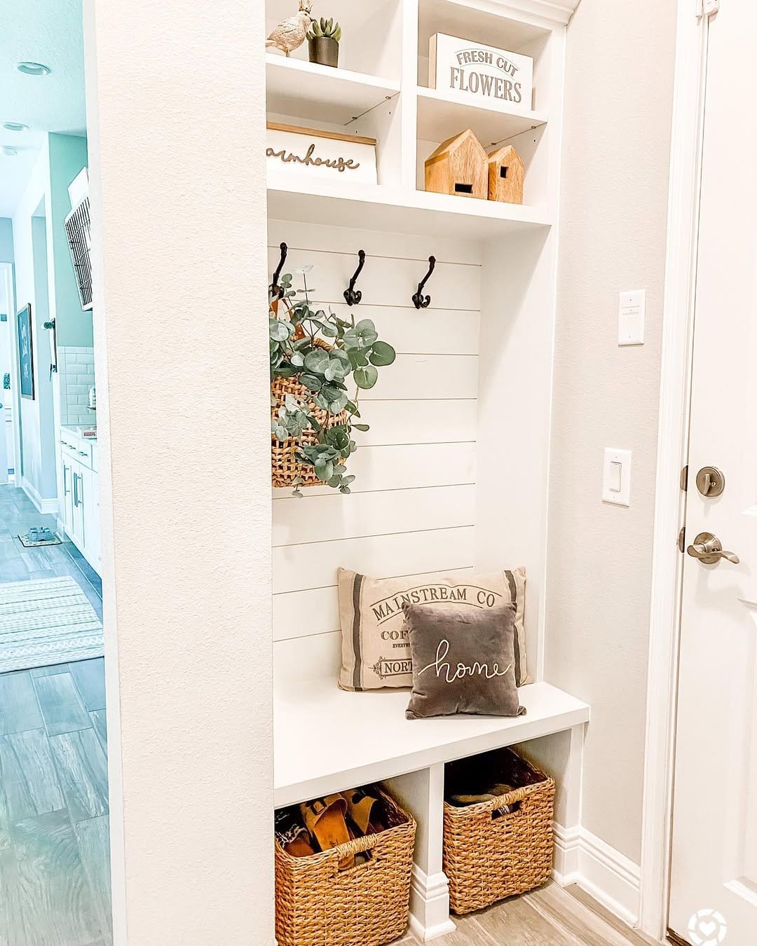 back to school entryway idea with labeled bins