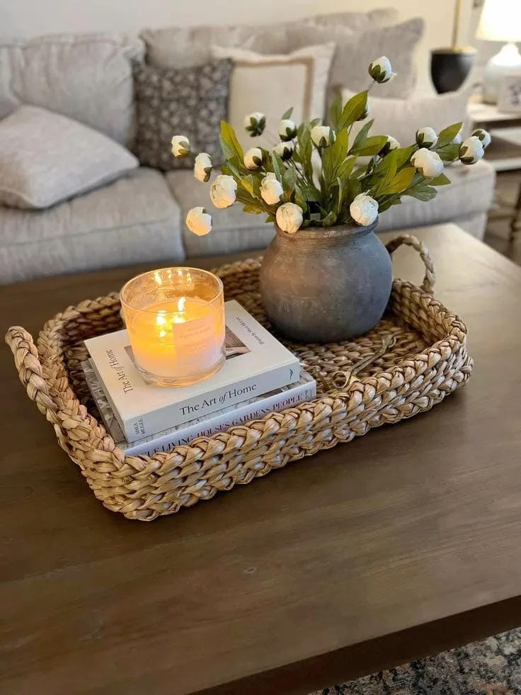 coffee table decor ideas with woven tray tulips candle books and dark wood table