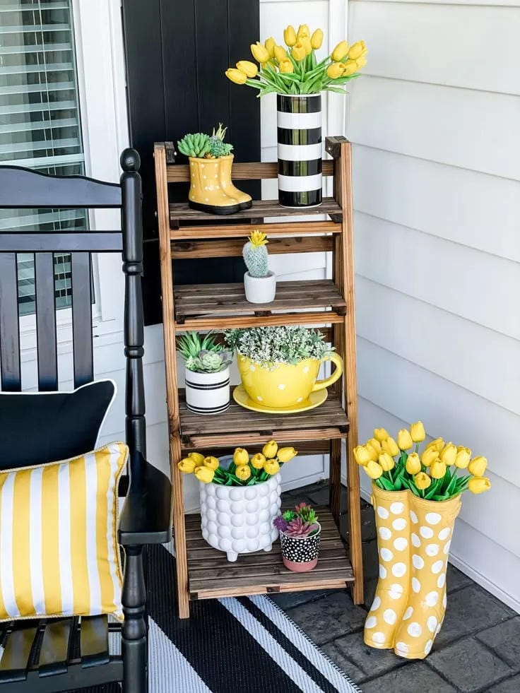 small front porch ideas with plant ladder yellow flowers lemon decor and striped pillows